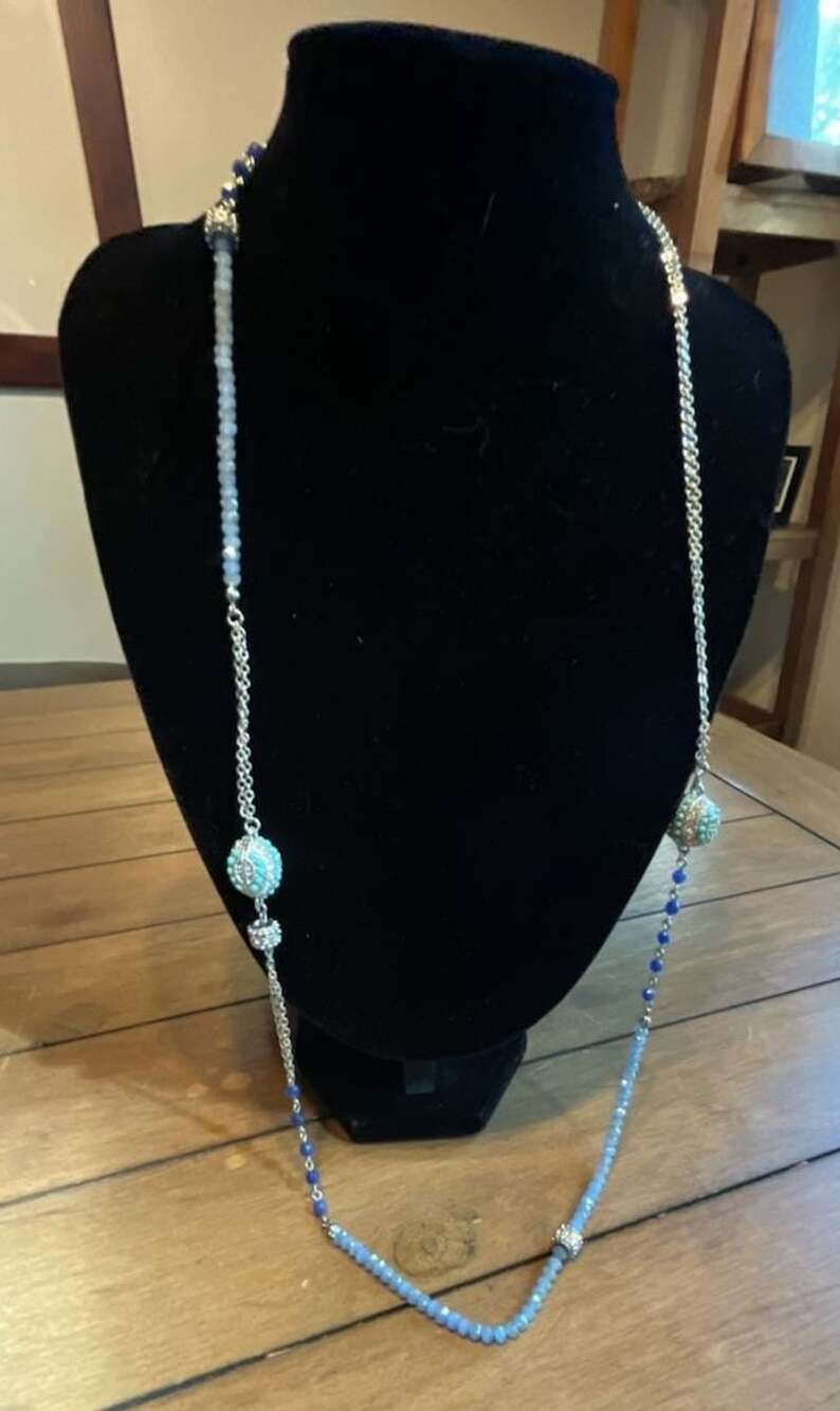 LOFT Long Beaded Chain Necklace Blue Silver Tone